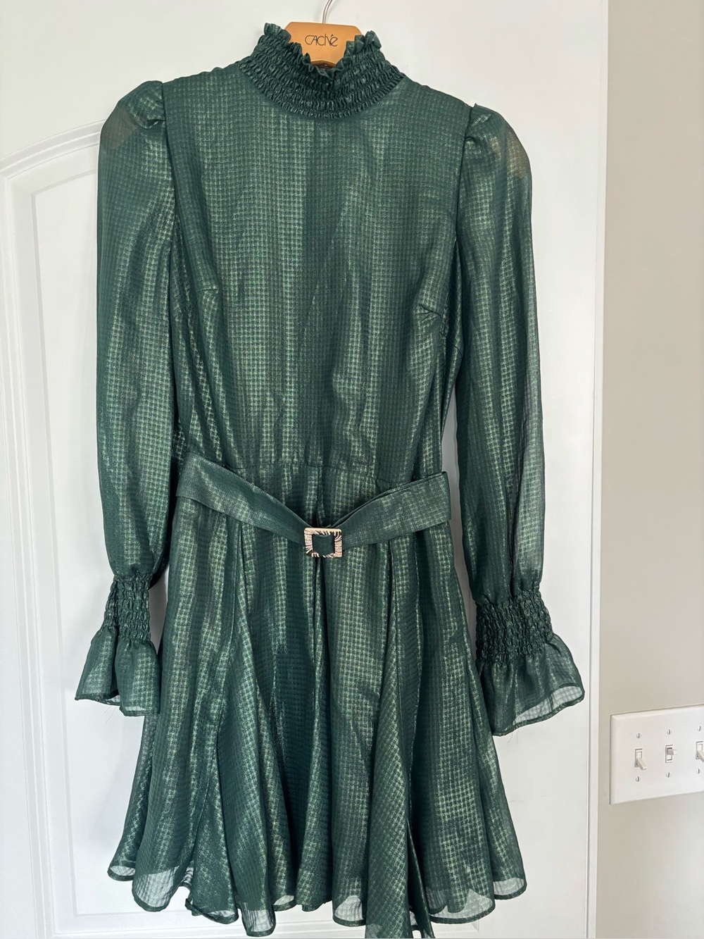 Lavenders Brown             Emerald Green High-Neck Belted Long-Sleeve Dress - Picture 5 of 8
